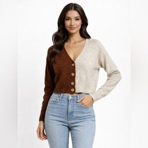 Love Tree Women's  Classic Crop Cardigan Sweater Two-Toned Brown/Tan Sz Small